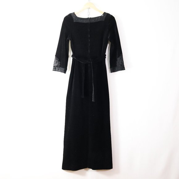 SOLD vintage 70s black velvet lace maxi dress S - Picture 7 of 8